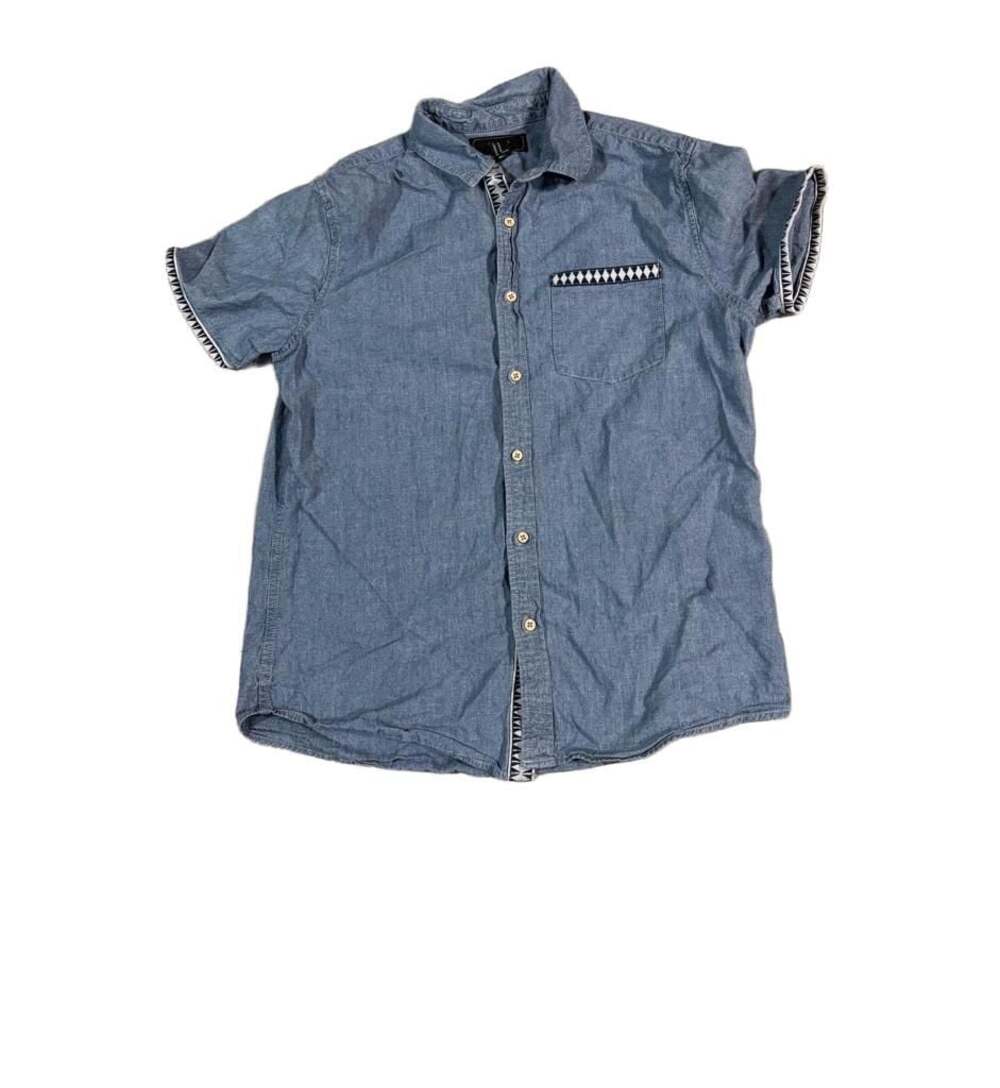 21 MEN Short Sleeve Button-Down Shirt in Blue Denim with Southwestern Geo Patter